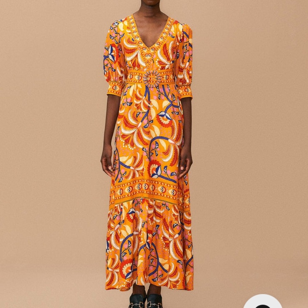 Farm Rio Yellow Palms Party Short Sleeve Maxi Dress